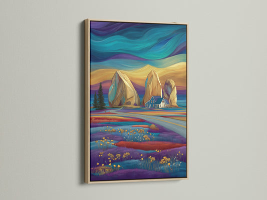 Coastal landscape artwork in an oak frame. The print showcases a stylized seascape with teal and purple colors. Ideal as a seascape print. Enhances bedroom wall decor with a touch of nautical wall art.