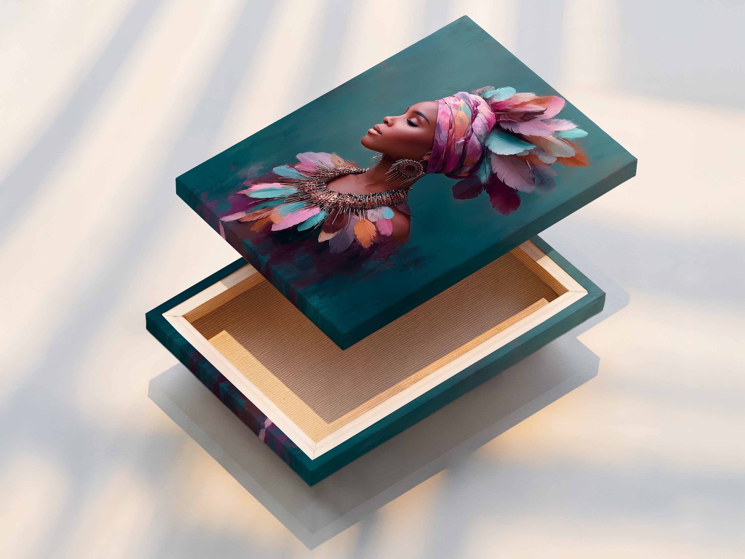 This image showcases a stretched canvas print of the African Woman art. The colorful feather portrait is ready to hang. Stretched canvas provides a gallery-quality look. Bring contemporary black art to your living space.