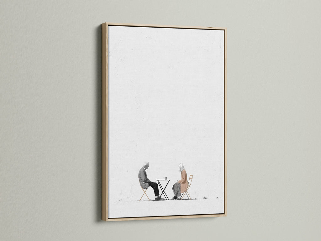 This minimalist artwork showcases an elderly couple in a coffee shop setting. The oak frame adds a touch of natural elegance. Ideal for dining room art or cafe wall art. The subtle artwork complements scandi decor. Bring a modern art print to your home or business.