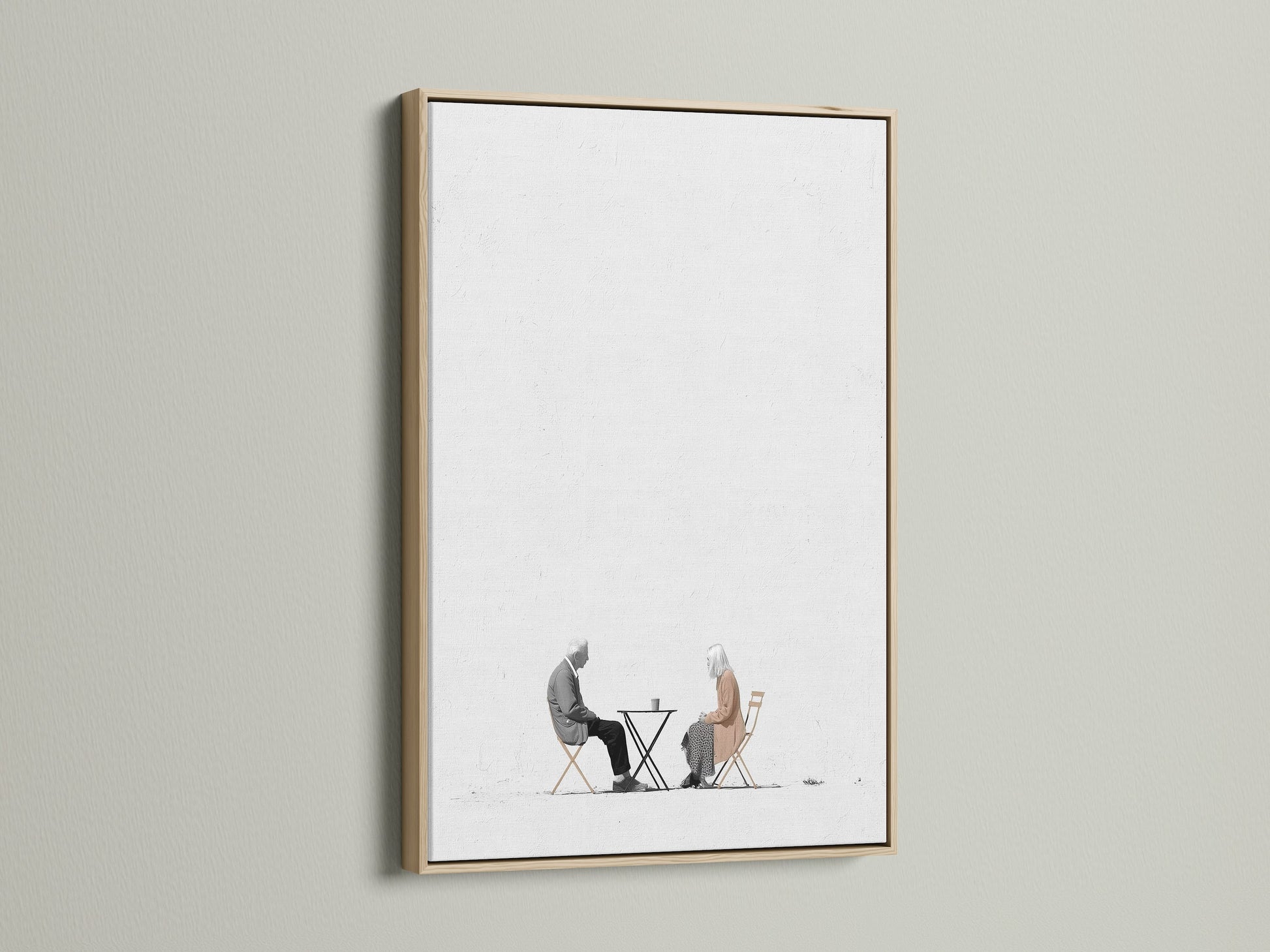 This minimalist artwork showcases an elderly couple in a coffee shop setting. The oak frame adds a touch of natural elegance. Ideal for dining room art or cafe wall art. The subtle artwork complements scandi decor. Bring a modern art print to your home or business.