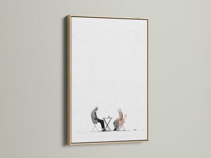 This minimalist artwork showcases an elderly couple in a coffee shop setting. The oak frame adds a touch of natural elegance. Ideal for dining room art or cafe wall art. The subtle artwork complements scandi decor. Bring a modern art print to your home or business.
