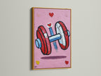 Dumbbell art print presented in a gold frame. This pink gym canvas print is ideal for fitness motivation. The gold frame adds elegance. This artwork is perfect for home gym decor. Enhance your workout room with this piece. A stylish addition to any space.