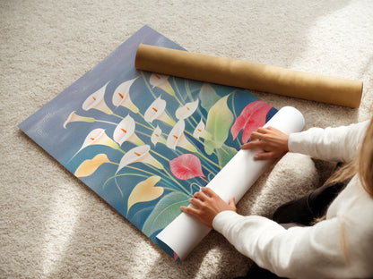 A woman is carefully rolling a fine art poster paper. This paper features a Calla Lily art print. The floral print is a botanical artwork. This is ideal for modern spring home decor. It enhances a minimalist style.