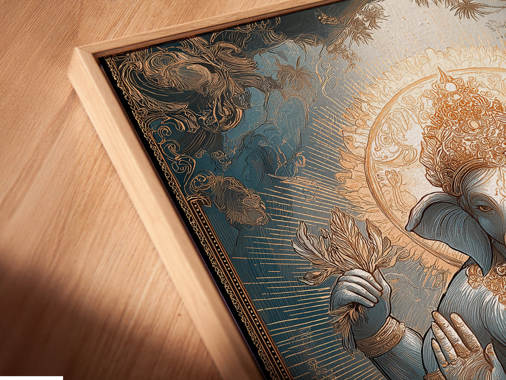A close-up of Ganesha Canvas Art in a floating frame. The Hindu deity print makes a statement. The Elephant God art is a spiritual canvas. The Lotus art print enhances any room's aesthetic.