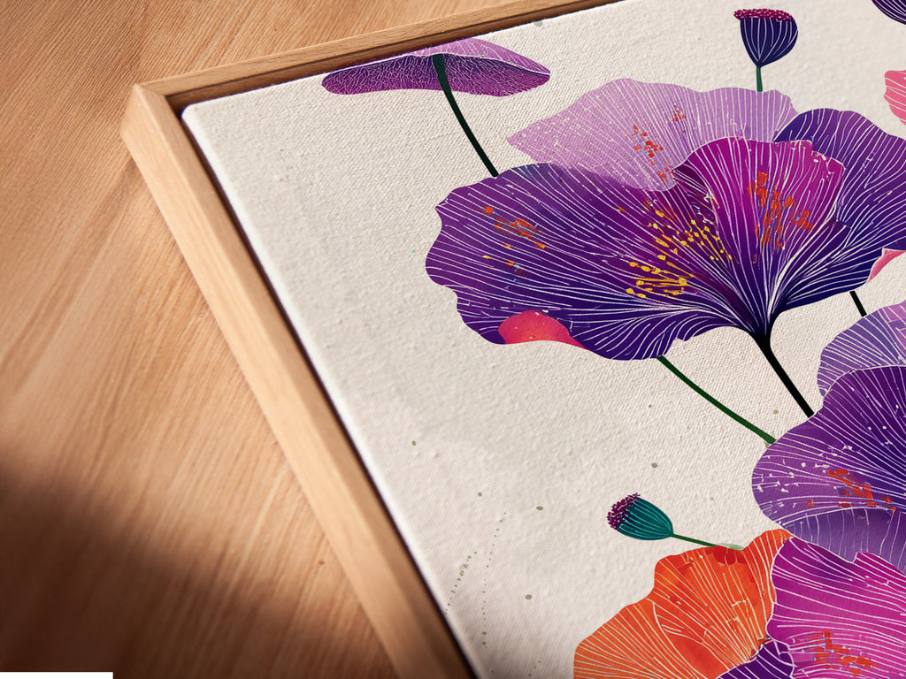 Close-up of a canvas print in a floating frame. The vibrant purple flower artwork stands out against the wall. This botanical print is perfect for adding a modern touch to any room. Elevate your space with floral art.