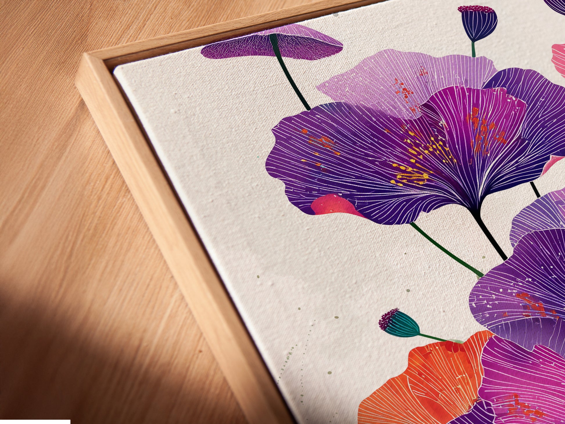 Close-up of a canvas print in a floating frame. The vibrant purple flower artwork stands out against the wall. This botanical print is perfect for adding a modern touch to any room. Elevate your space with floral art.