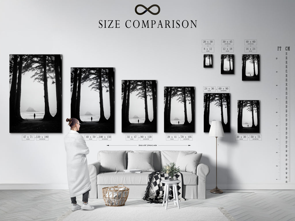 Interior scene featuring a size comparison chart. This chart helps visualize artwork dimensions. It assists in selecting the perfect size for your space. Use our size guide to make informed art purchasing decisions.