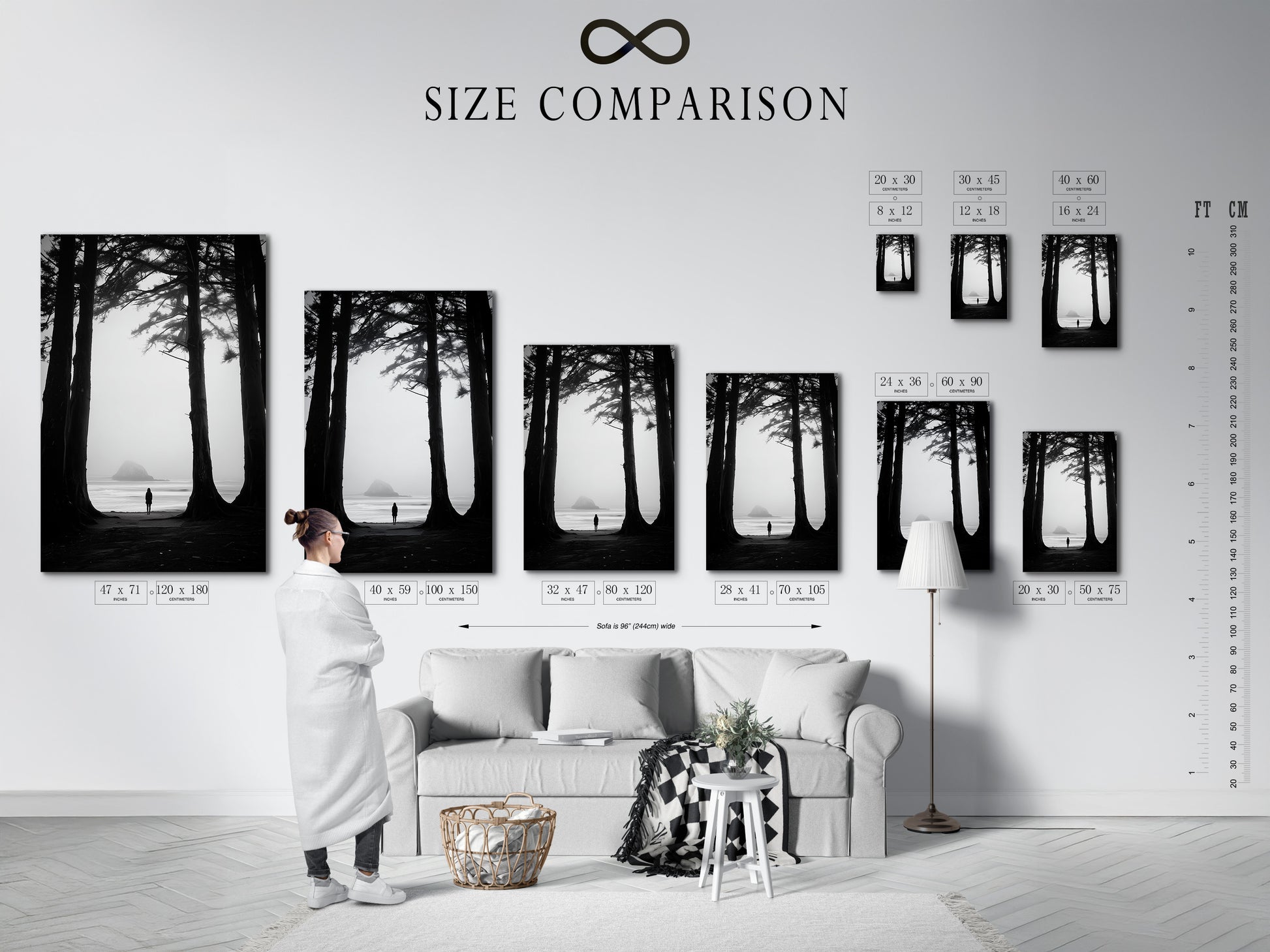 Interior scene featuring a size comparison chart. This chart helps visualize artwork dimensions. It assists in selecting the perfect size for your space. Use our size guide to make informed art purchasing decisions.