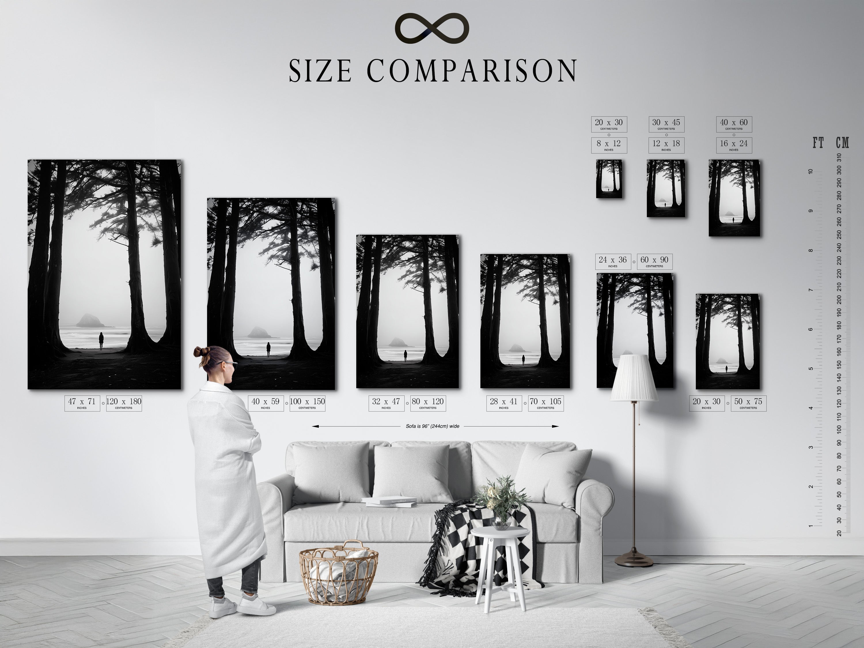 Interior scene featuring a size comparison chart. This chart helps visualize artwork dimensions. It assists in selecting the perfect size for your space. Use our size guide to make informed art purchasing decisions.