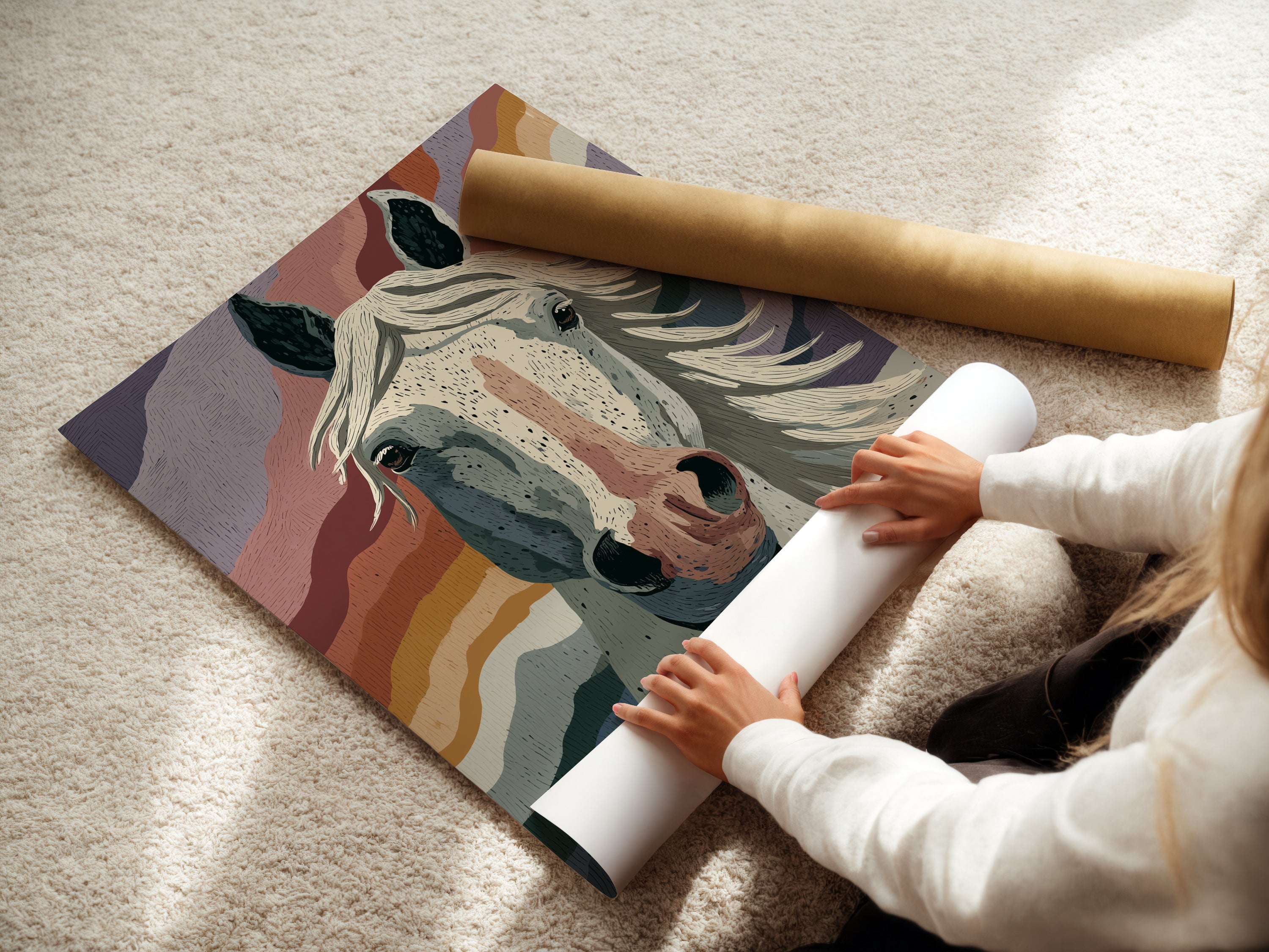 Woman rolling a fine art poster paper featuring a horse portrait. High-quality materials ensure vibrant colors and lasting beauty. Perfect for creating custom wall decor. A great way to personalize your space with unique equestrian artwork. Perfect for the home.