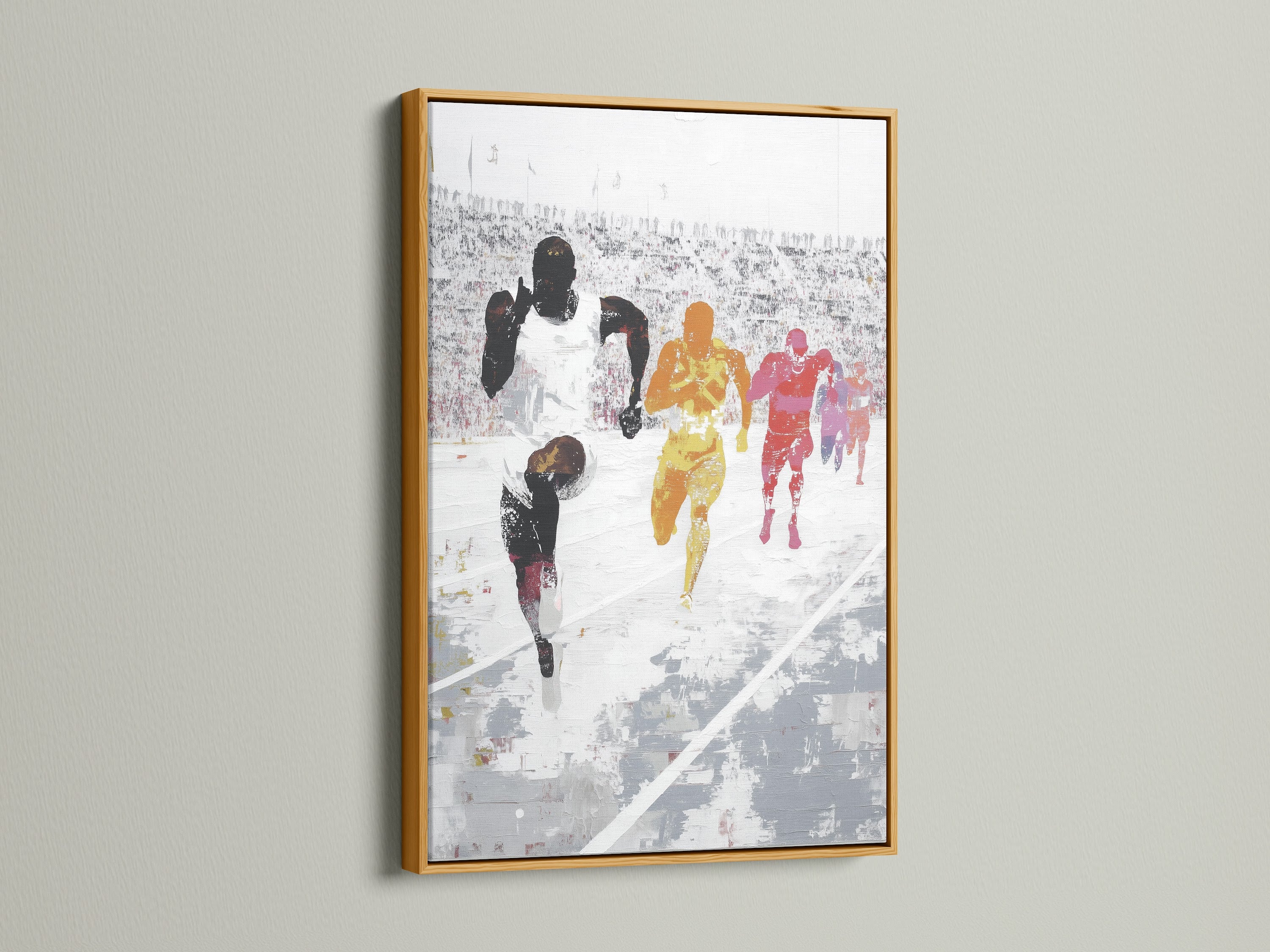 Marathon Runners artwork with a gold frame. This endurance art brings a touch of elegance. The gold frame complements the colorful runners in the artwork. It is a great piece for sports club owners and interior designers.