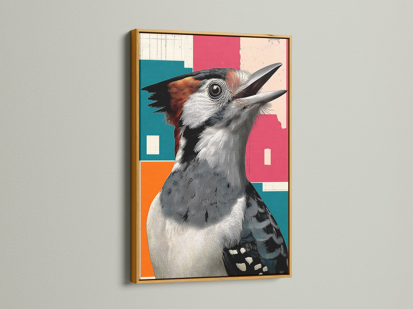 Gold frame showcasing a retro Woodpecker bird artwork. Geometric style gives study room and office a touch of nature. Bird canvas art is perfect for birdwatching gift. Colorful wall art for avian art print and bird lover gift. Vintage bird art for wildlife art.