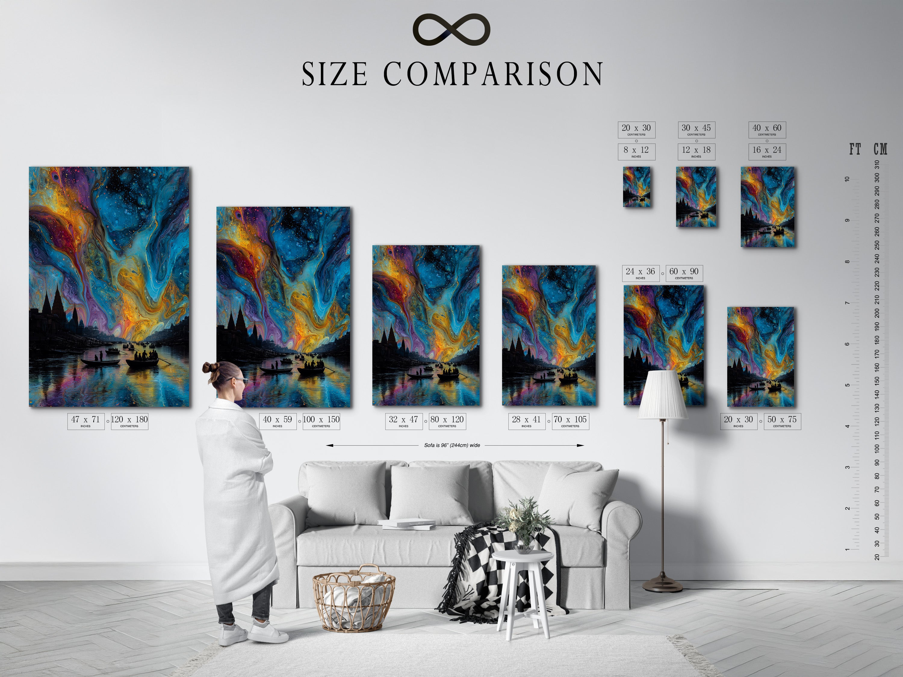 A size comparison chart in an interior setting. See how the Aurora Borealis artwork fits your space. Visualize different sizes of cosmic wall art. Find the perfect fit for your wall decor needs.