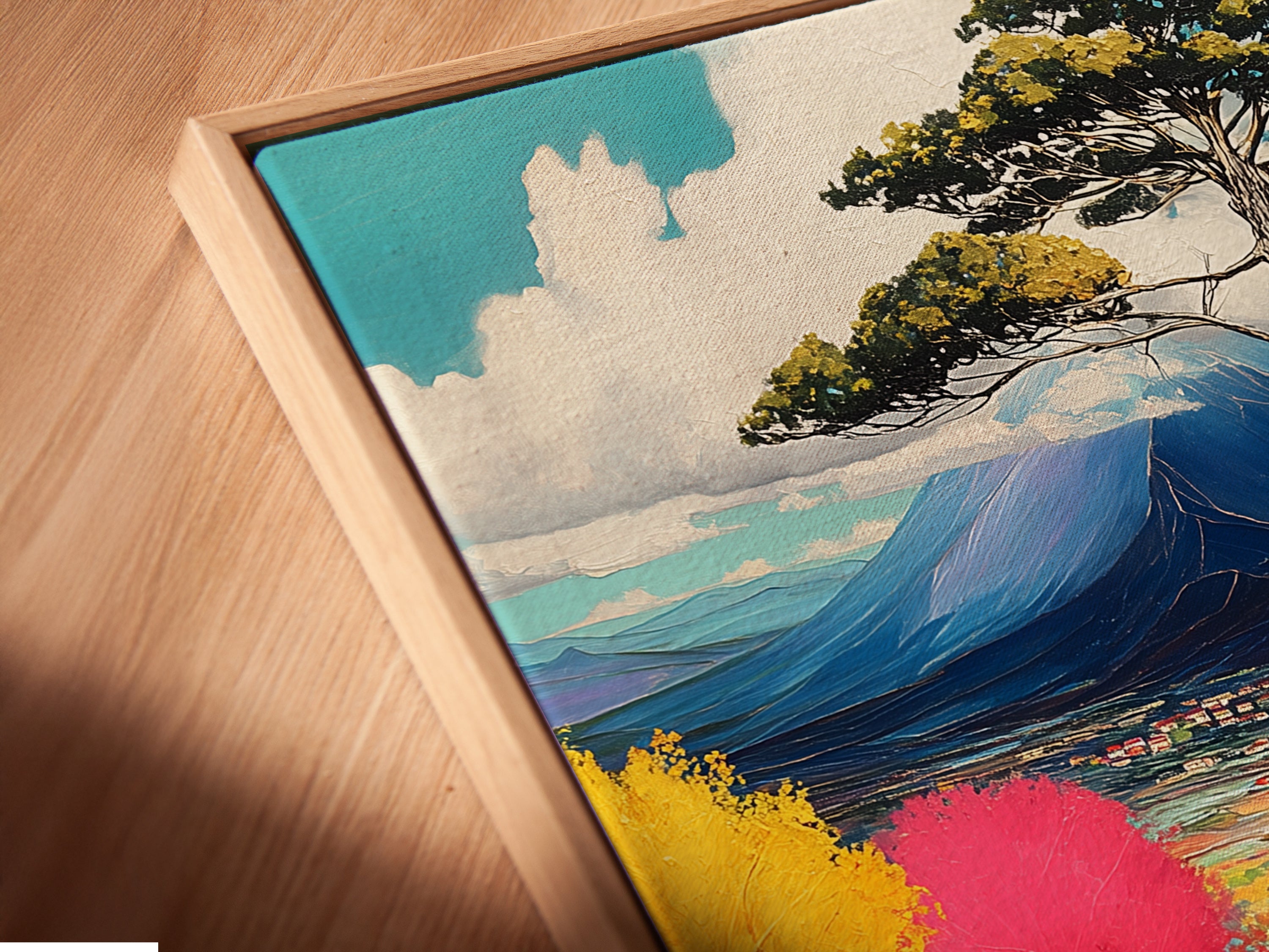 A close-up of a canvas print showcases a floating frame. The colorful landscape artwork is eye-catching. The mountain view and whimsical trees create a nature-inspired piece. Perfect home decor for art lovers.