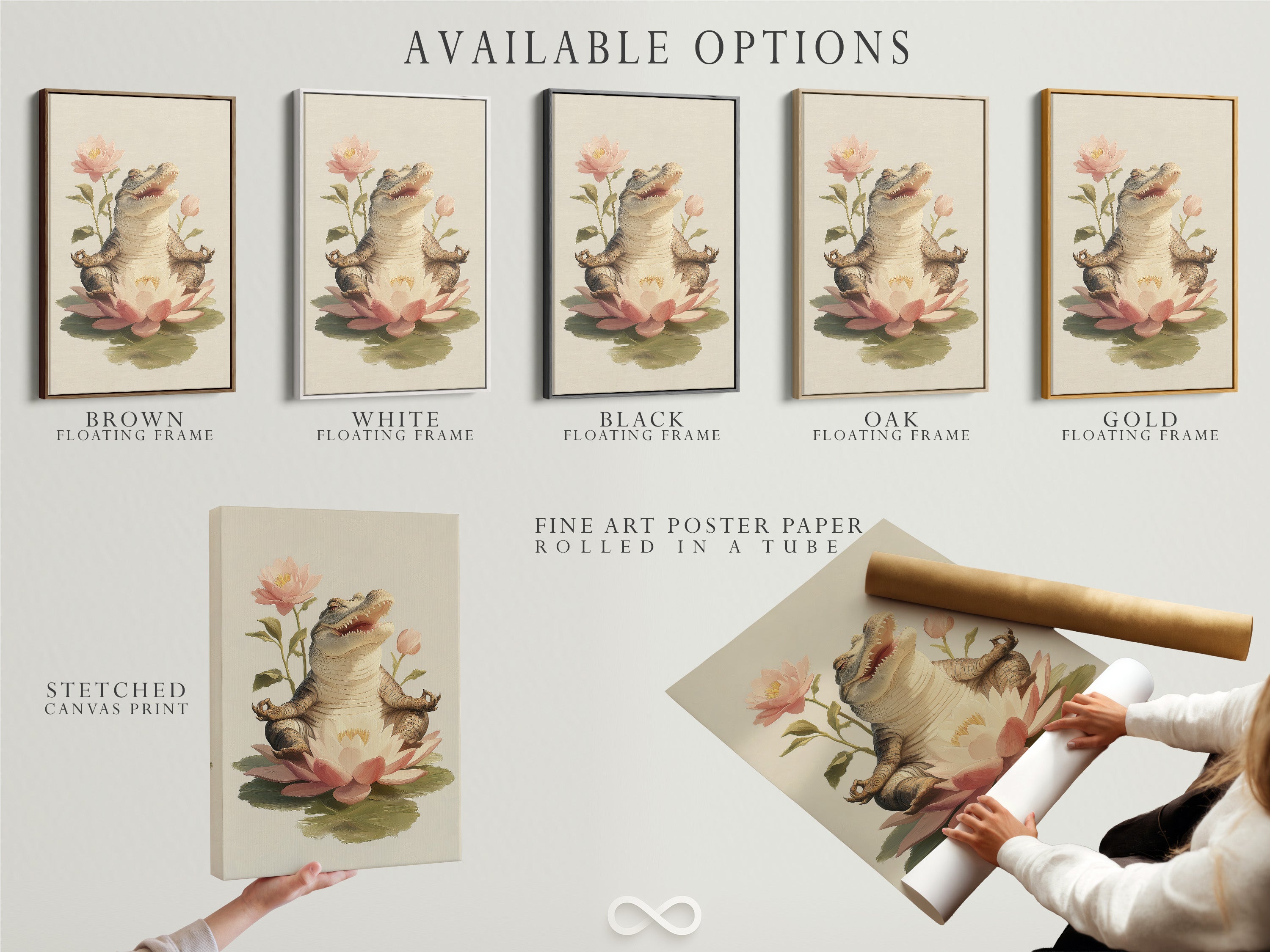 Available options for the Zen Alligator art print. Options include a stretched canvas print fine art poster paper and a floating frame. The artwork features an alligator meditating on a lotus flower. Choose your preferred style now.