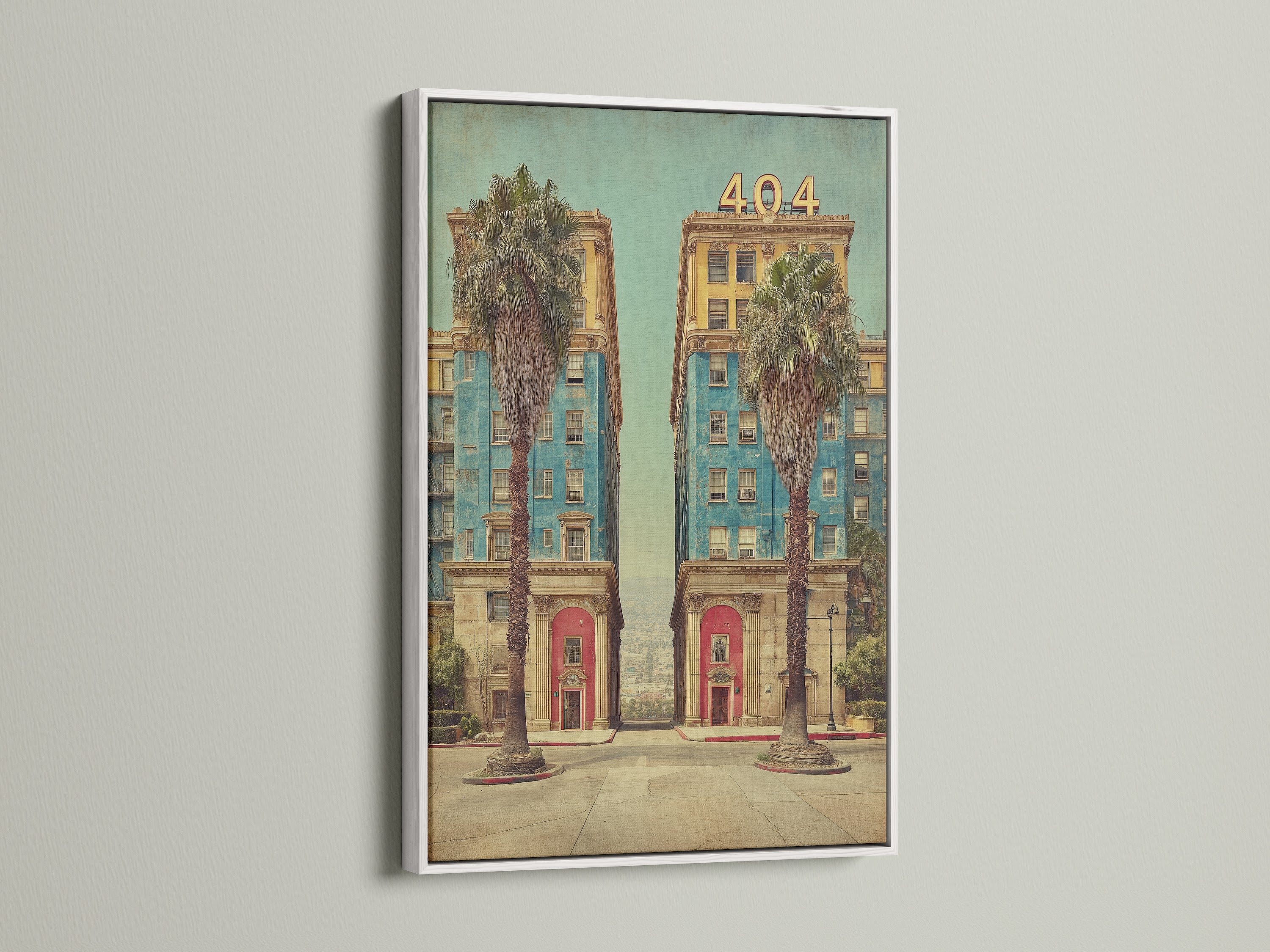 Art Deco Architecture Wall Art with White Frame. The white frame provides a clean modern look for this vintage hotel artwork. This California poster adds sophistication to minimalist interiors. A perfect piece for bedroom wall decor.