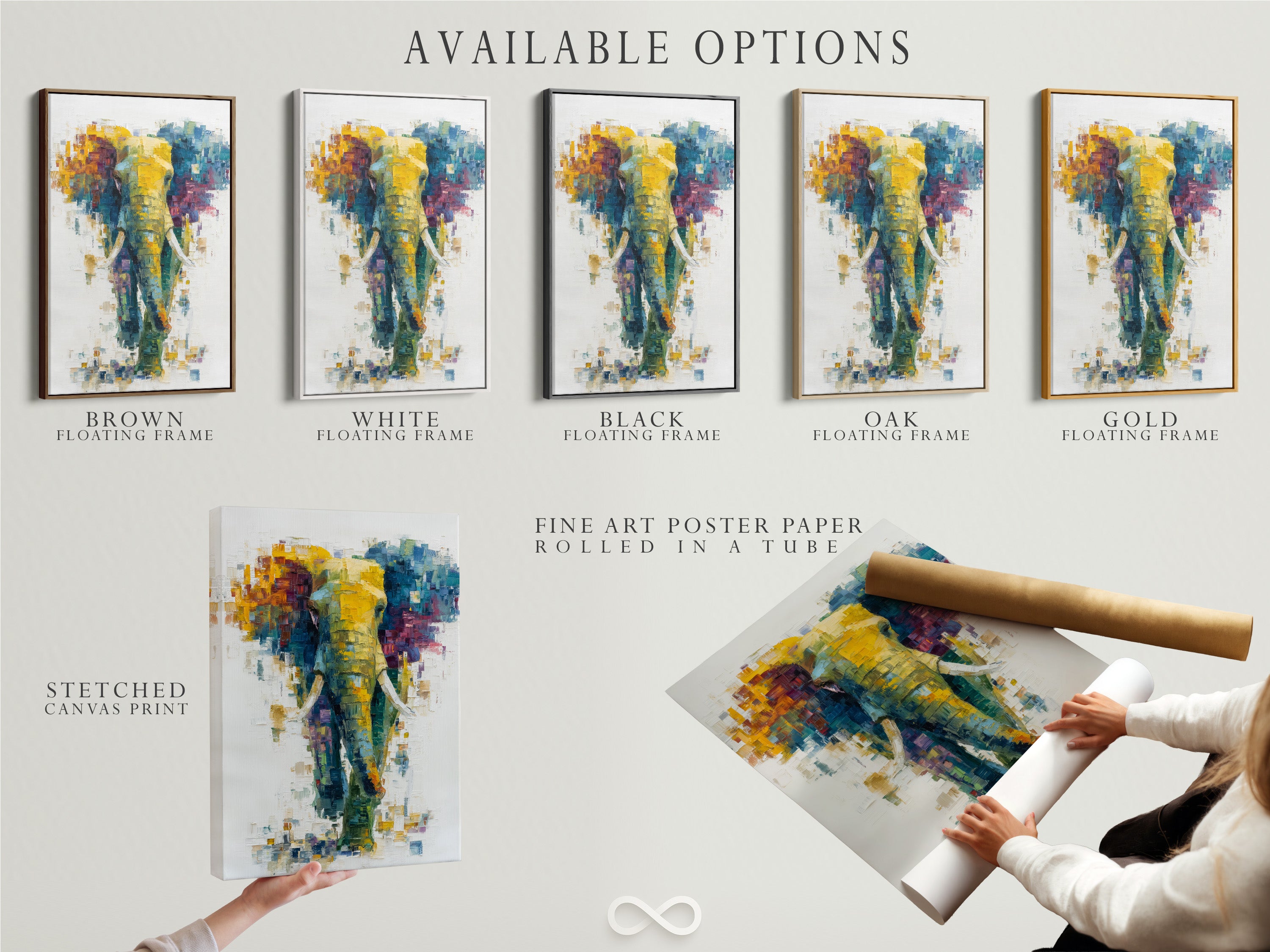 Explore available options for this abstract elephant artwork. Choose from stretched canvas prints fine art poster paper or floating frames. Customize your wildlife wall art to suit your unique style and decor preferences.