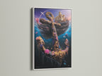 An underwater anchor artwork is elegantly presented in a white frame. The ocean artwork includes a sunken ship and a golden anchor adorned with flowers and sea life. This coastal decor piece adds a fresh and serene touch to any space. A beautiful sea artwork.