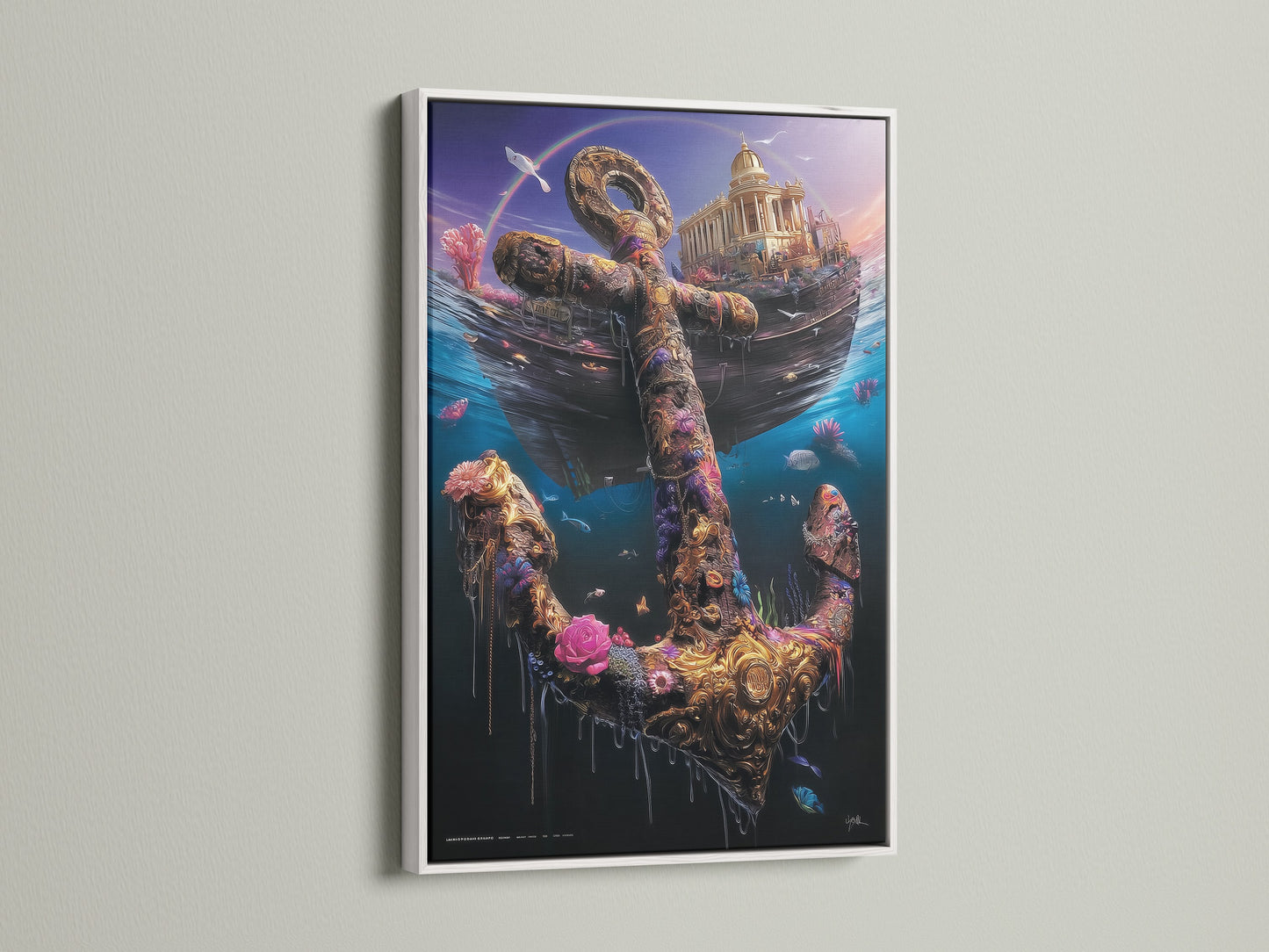 An underwater anchor artwork is elegantly presented in a white frame. The ocean artwork includes a sunken ship and a golden anchor adorned with flowers and sea life. This coastal decor piece adds a fresh and serene touch to any space. A beautiful sea artwork.