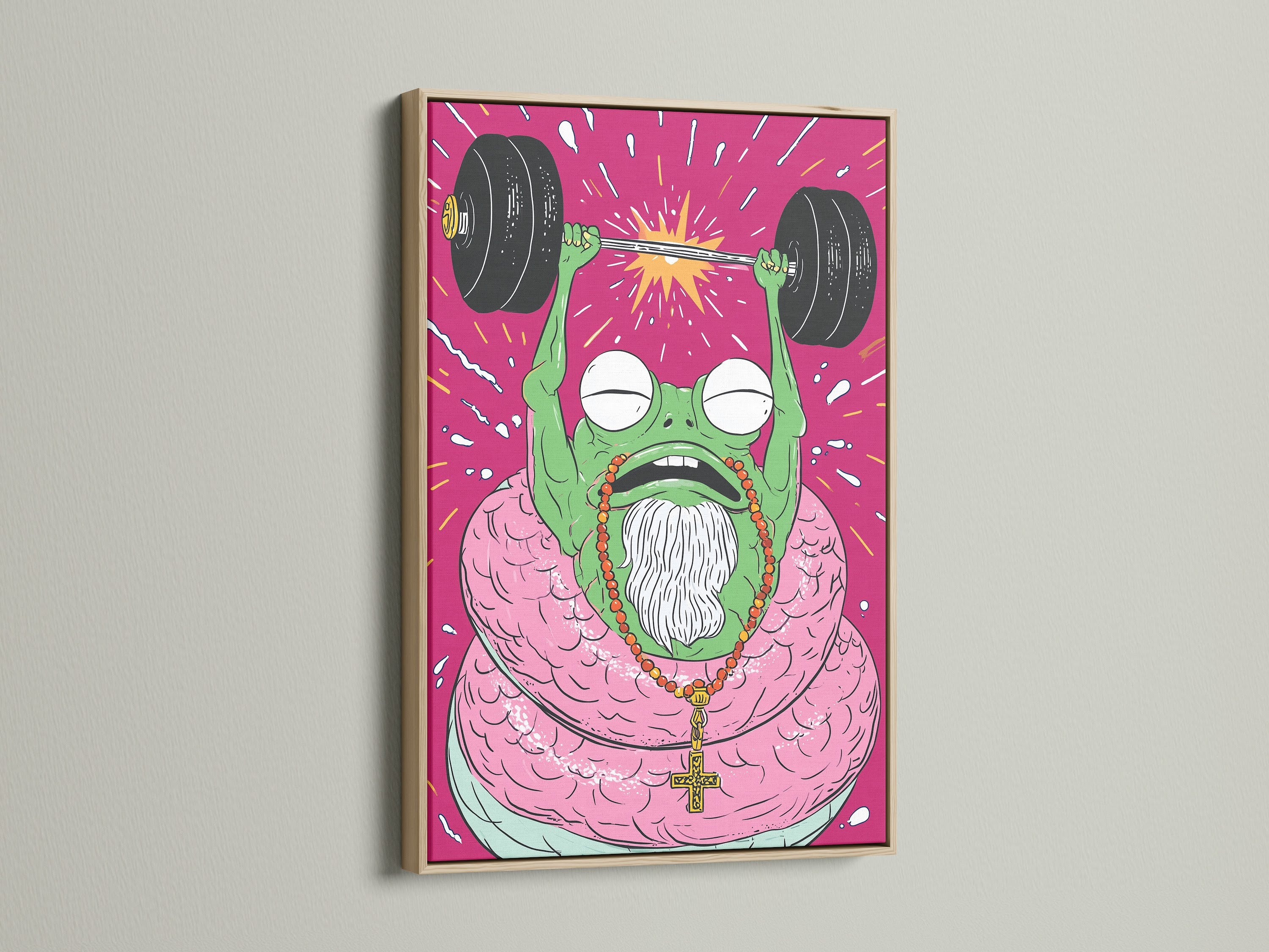 Fitness Frog weightlifting gym art in an oak frame. The quirky motivational poster is great home gym decor. This fitness wall art is a great addition to any workout space or gym.