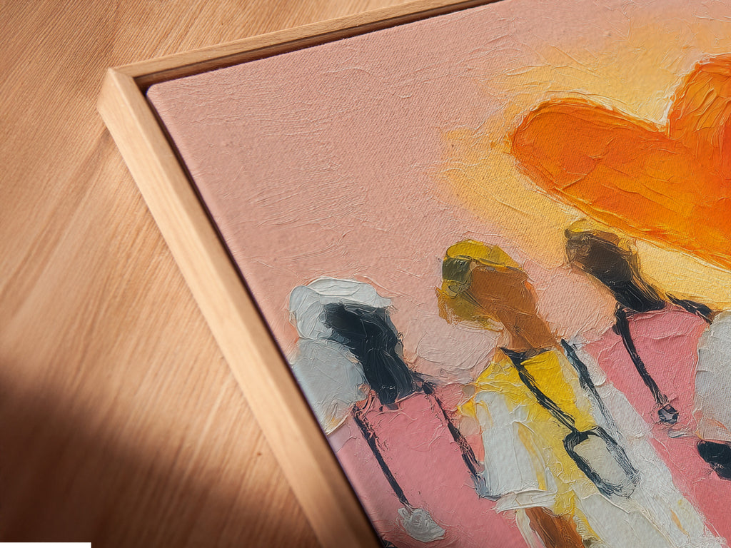 Close-up angled view of the Medical Heroes canvas print. It is showcased in a floating frame. The artwork features medical professionals with a bright heart above. This piece adds a modern touch to healthcare decor. Perfect for hospital wall art or medical office art.