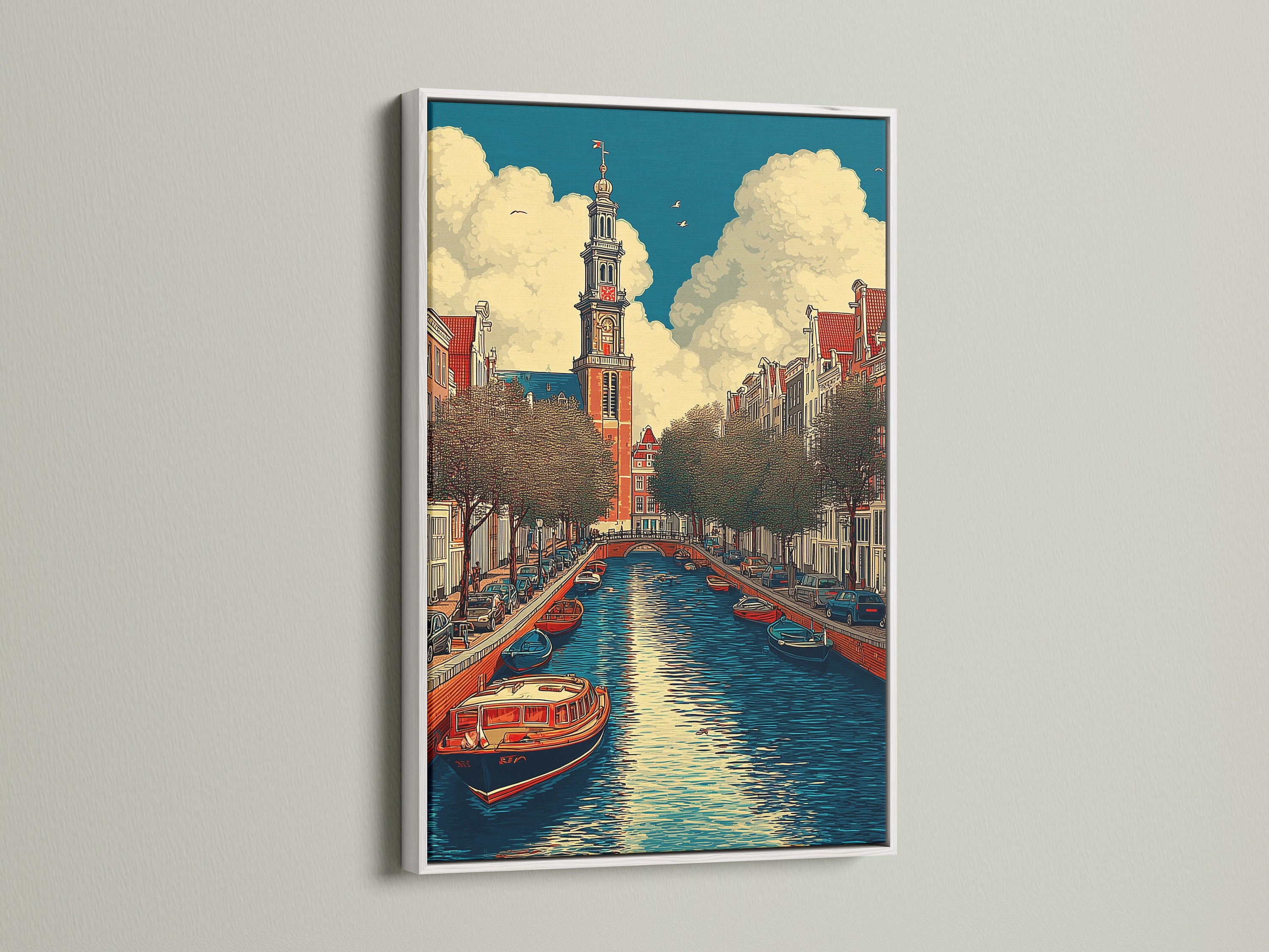 Stampa su tela del canale di Amsterdam - Arte murale con architettura olandese d'epoca, poster con paesaggio urbano europeo per l'arredamento del soggiorno