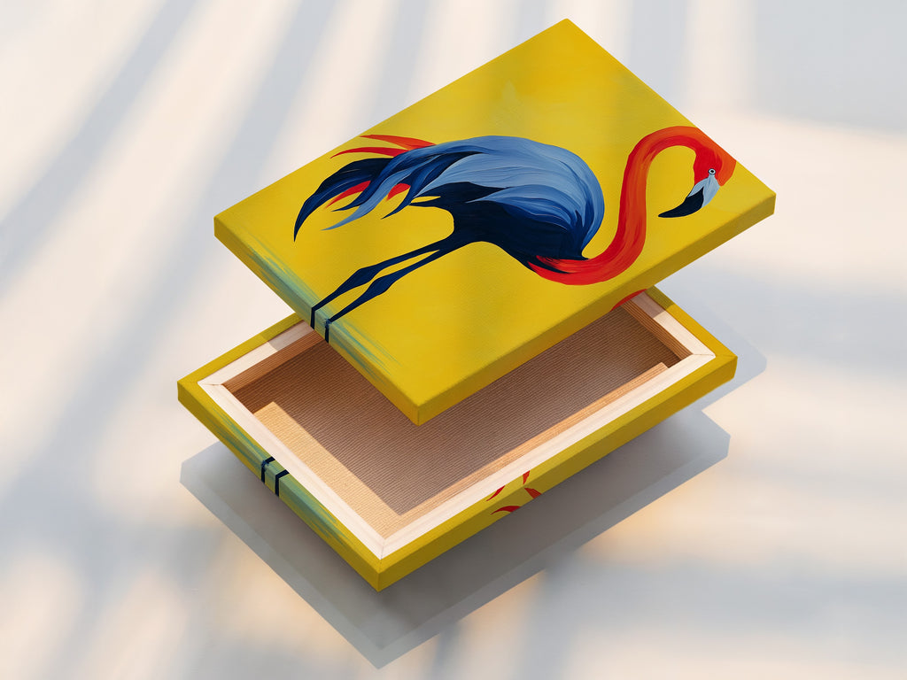 This is a stretched canvas print of the flamingo artwork. The canvas texture adds depth to the modern bird artwork. Ready to hang this red blue and yellow wall art will transform your space. Enjoy vibrant colors in your home.