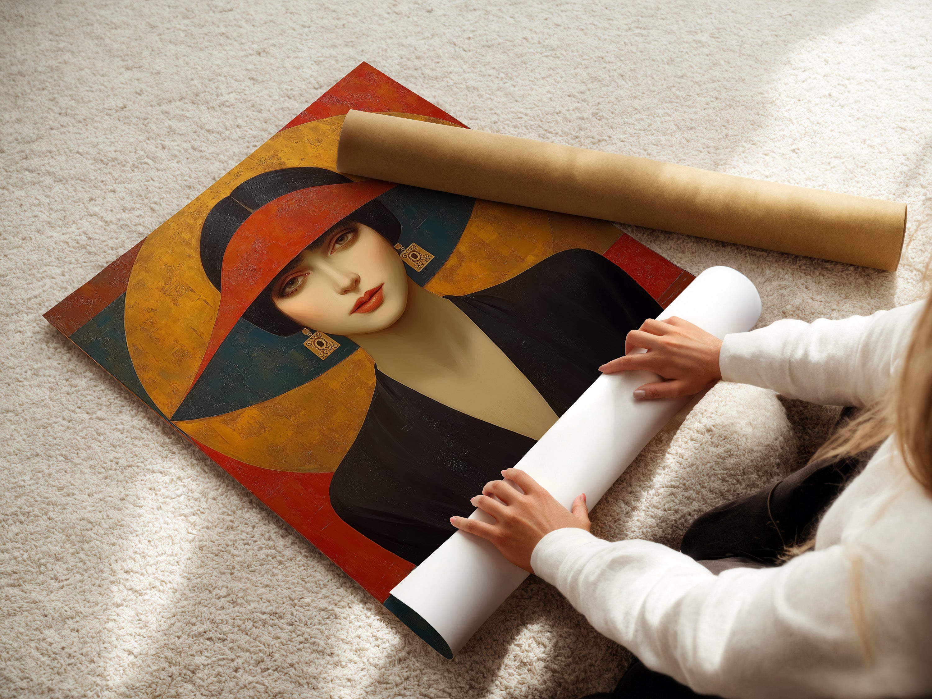 A woman is carefully rolling a fine art poster paper print. This art deco woman portrait will be a vintage fashion canvas. This retro geometric wall art is perfect for your home. Elevate your space with this beautiful artwork. It is a stylish addition.