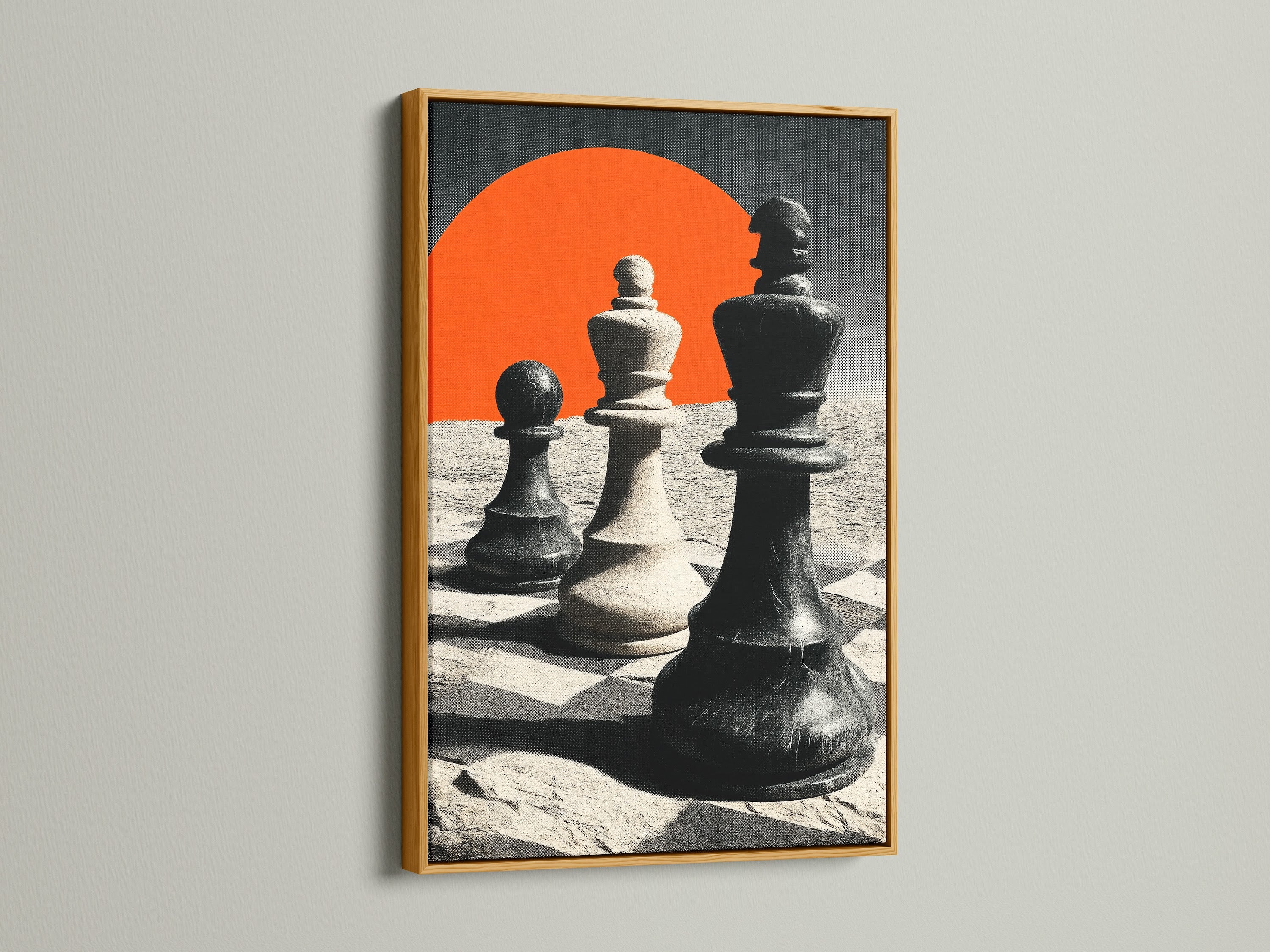Artwork of chess pieces is showcased in a gold frame. The artwork is displayed on a white wall. The gold frame adds a touch of luxury and sophistication. It enhances the artwork's visual appeal. This piece is ideal for adding elegance to your home or office. The gold frame beautifully complements the chess theme.