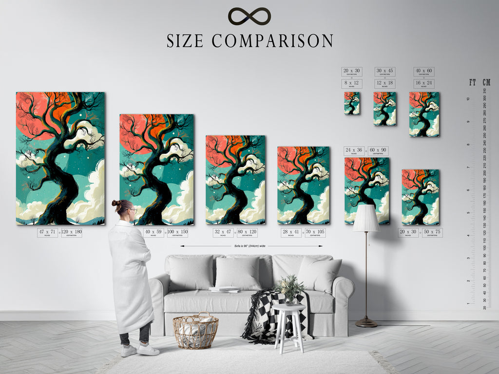 Size comparison chart displayed in an interior setting featuring winter tree artwork. Visualize how teal and coral sky fantasy landscapes fit in your space. Perfect bedroom wall decor. Explore our range of nature artwork sizes.