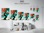 Size comparison chart displayed in an interior setting featuring winter tree artwork. Visualize how teal and coral sky fantasy landscapes fit in your space. Perfect bedroom wall decor. Explore our range of nature artwork sizes.