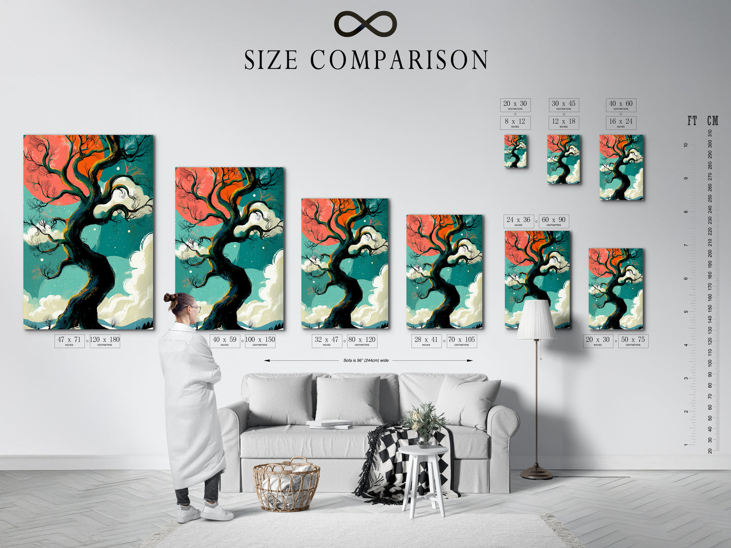 Size comparison chart displayed in an interior setting featuring winter tree artwork. Visualize how teal and coral sky fantasy landscapes fit in your space. Perfect bedroom wall decor. Explore our range of nature artwork sizes.