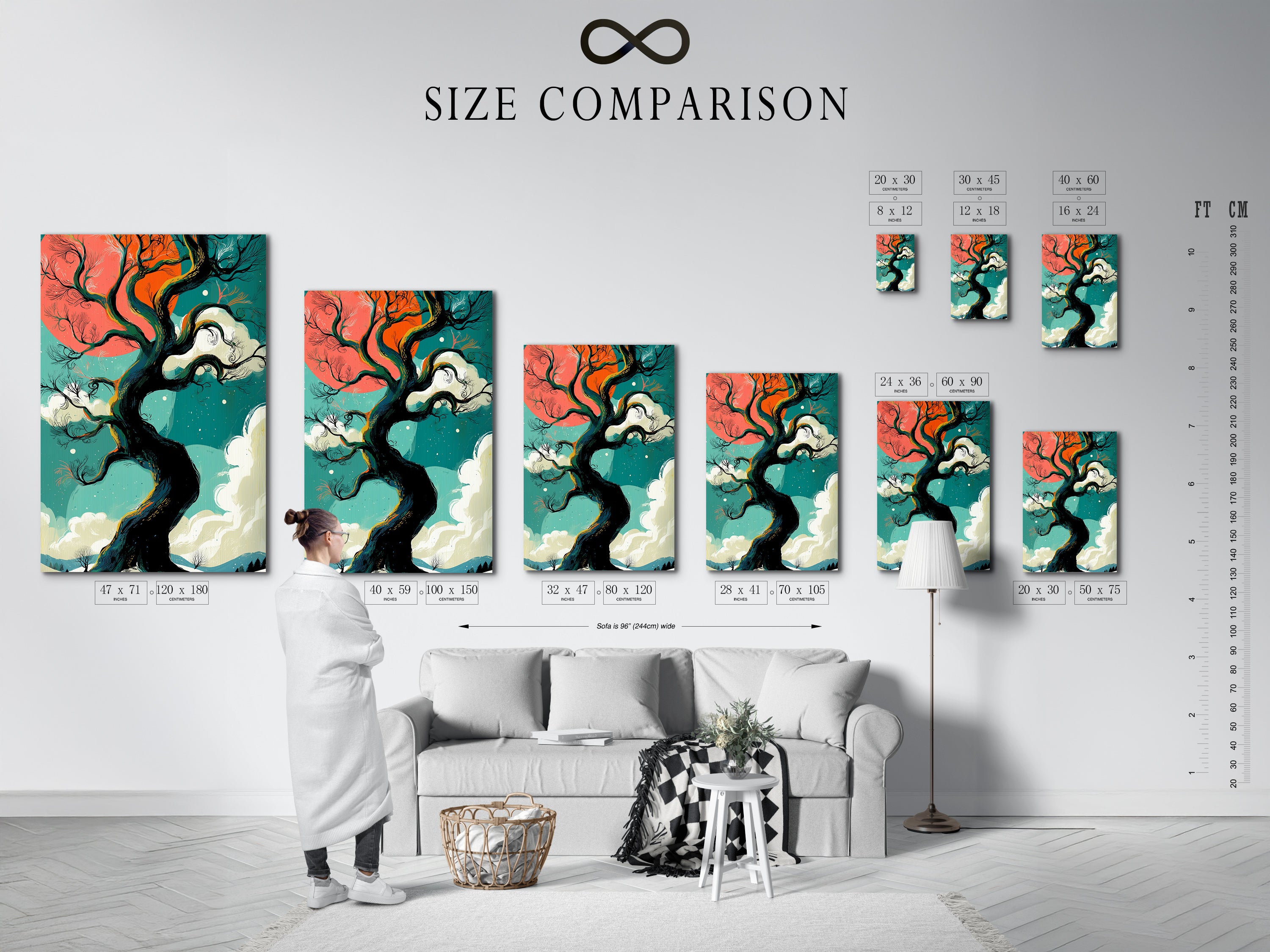 Size comparison chart displayed in an interior setting featuring winter tree artwork. Visualize how teal and coral sky fantasy landscapes fit in your space. Perfect bedroom wall decor. Explore our range of nature artwork sizes.