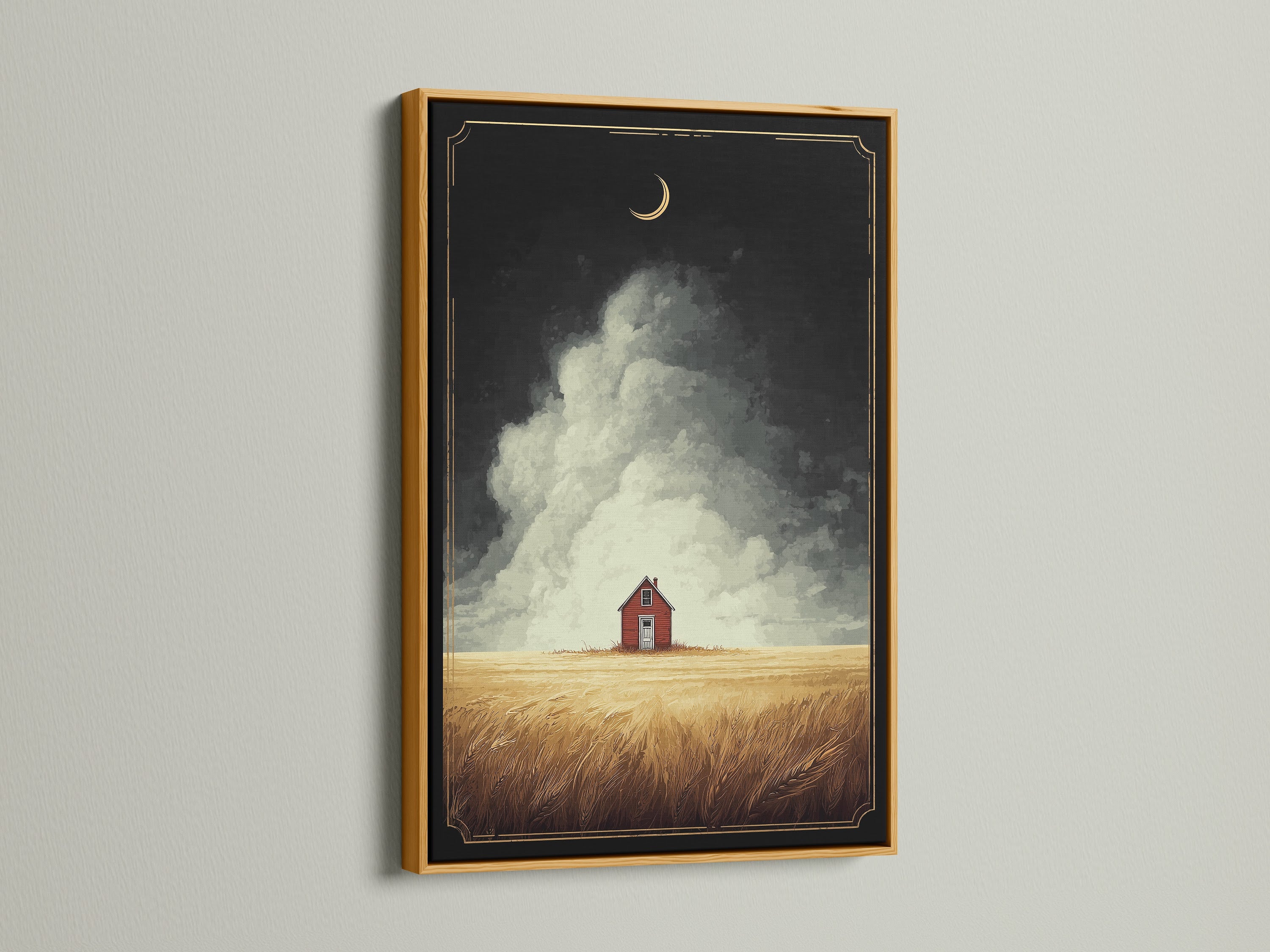 The gold frame enhances the elegance of the farmhouse art. The golden field landscape complements the red barn. Elevate your home decor with a touch of glamour. This artwork is perfect for creating a luxurious atmosphere. It is suitable for living rooms and bedrooms.