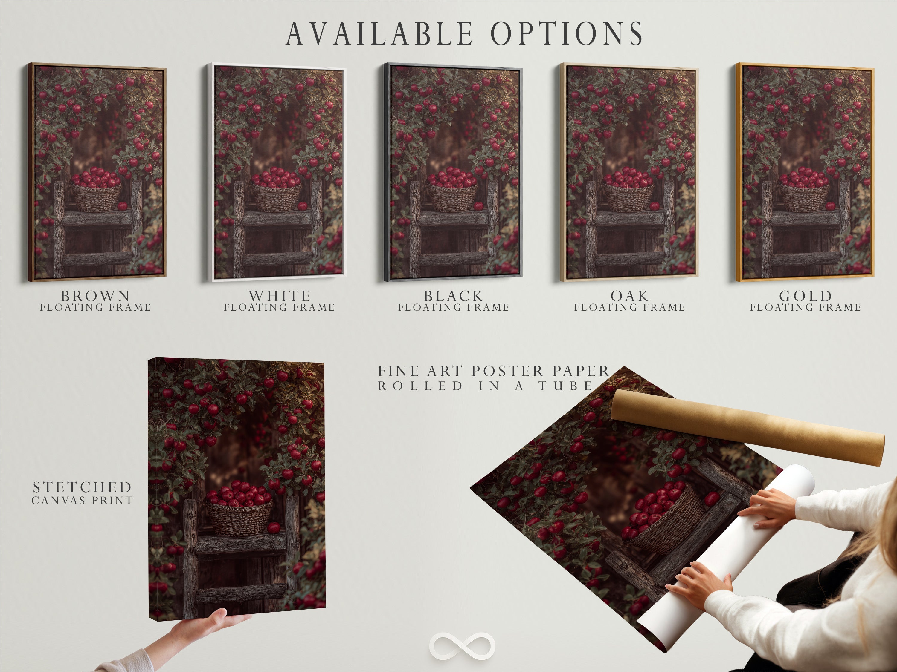 Available options for the Apple Orchard artwork. Choose from a stretched canvas print a fine art poster paper or a floating frame. Enhance your rustic farmhouse wall art with these versatile options.