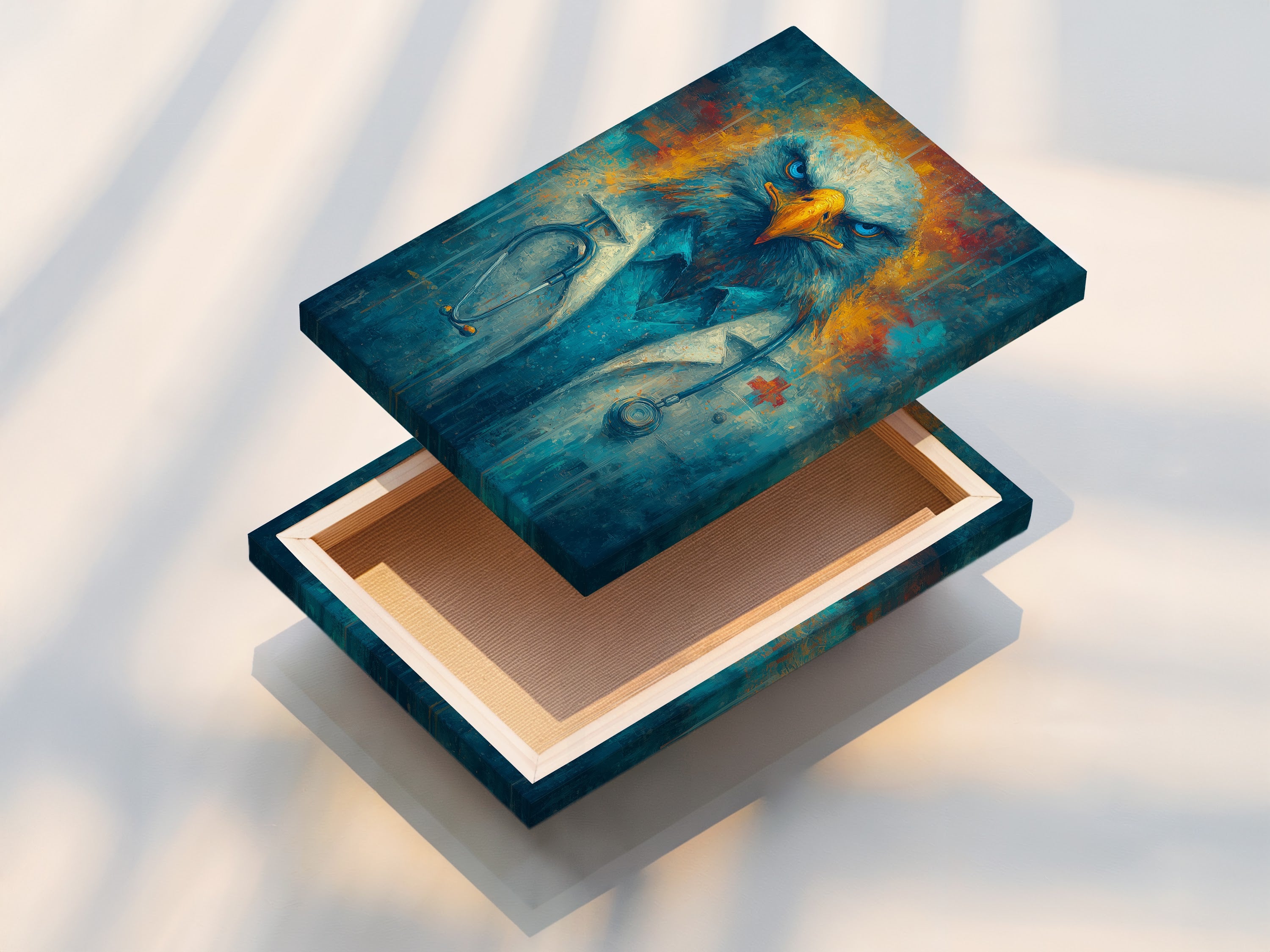 A stretched canvas print of the Eagle Doctor artwork. This medical professional wall art is perfect for clinic decor. The animal portrait canvas adds a contemporary touch. Its blue and gold colors make it ideal for medical office decor. Enhance your professional space with this unique piece.