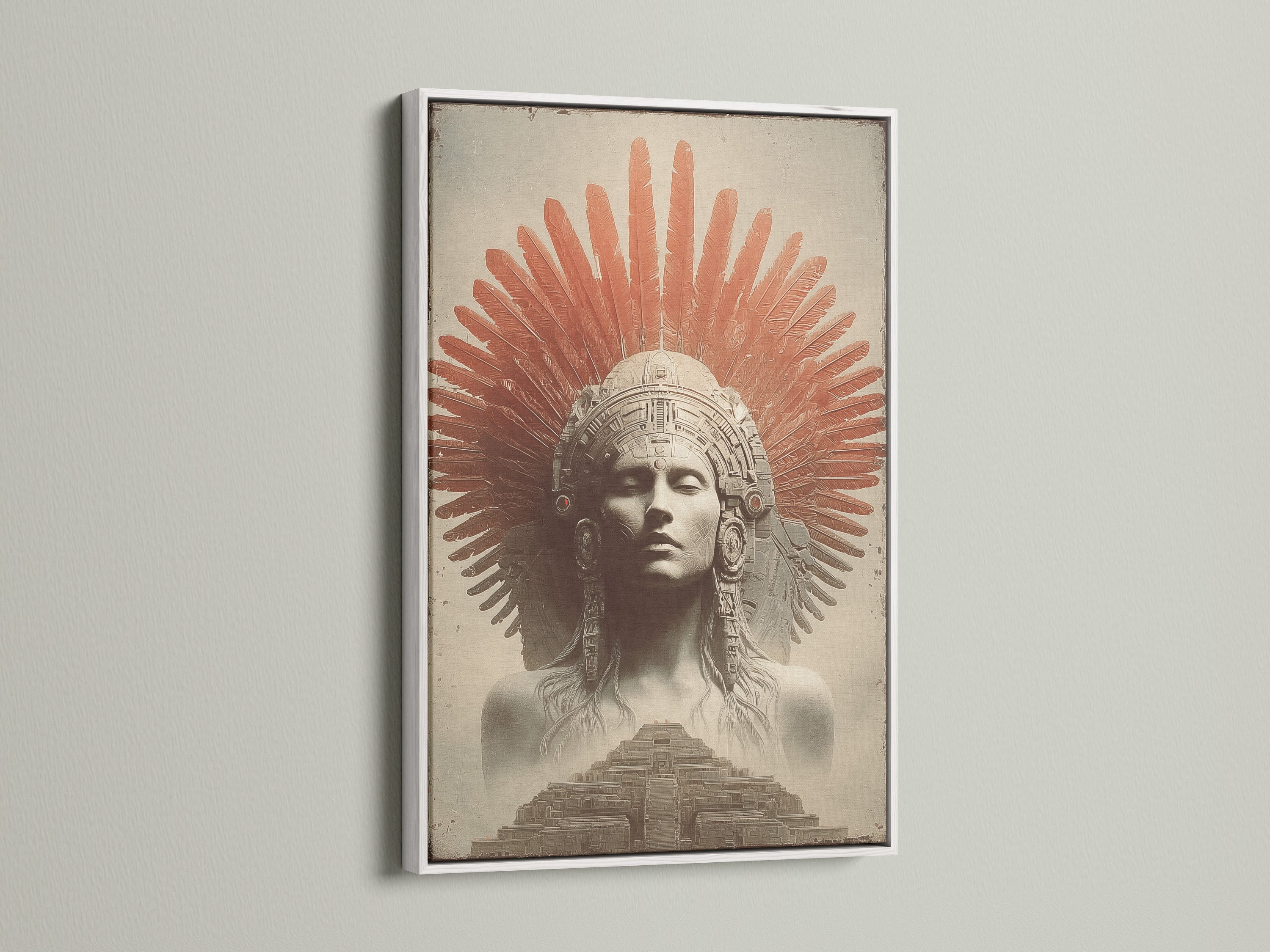 A clean white frame art piece hangs elegantly. The artwork portrays an indigenous person with red feathers and a temple. It brings a modern touch to any room. Discover our range of frame colors. Find the ideal frame to enhance your artwork.