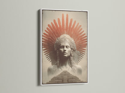 A clean white frame art piece hangs elegantly. The artwork portrays an indigenous person with red feathers and a temple. It brings a modern touch to any room. Discover our range of frame colors. Find the ideal frame to enhance your artwork.