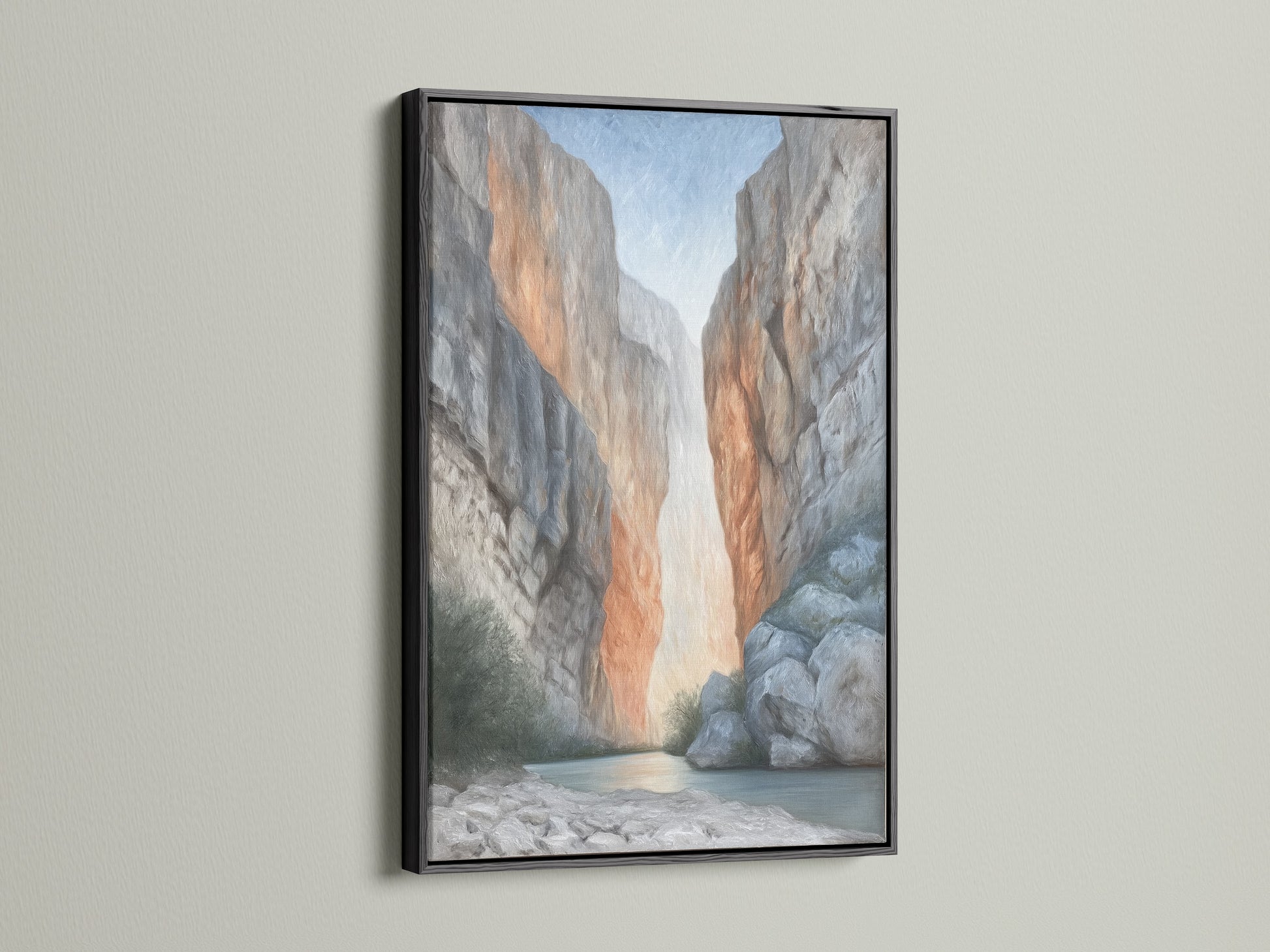 Transform your office with this river landscape artwork in a black frame. The earthy wall art creates a sophisticated ambiance. This gorge art print suits studios and boardrooms. A great choice for contemporary wall decor.