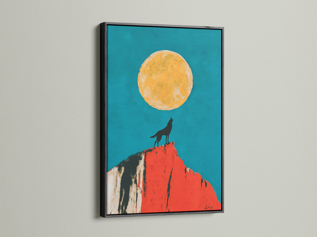 Wolf Moon artwork with a black frame creates a striking contrast. This animal canvas print is a bold statement. The teal and orange colors pop against the dark frame. It is perfect for adding drama to your living room. This wildlife artwork is a captivating focal point.