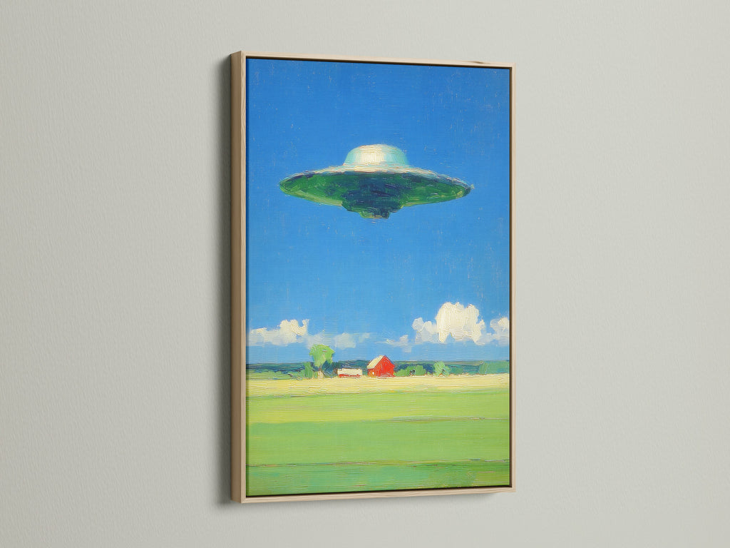 This UFO art print is framed in oak. The sci fi canvas art adds a touch of retro style to any room. The surreal landscape is both captivating and unique. It enhances your home decor with this space art print. The oak frame complements the artwork's colors.