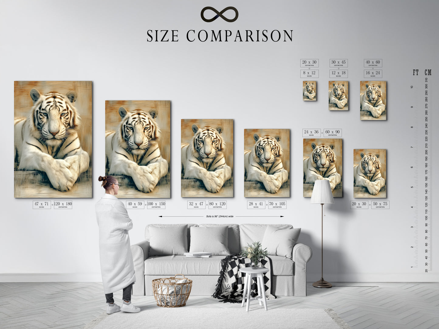 Size comparison chart in an interior setting. See how the white tiger artwork looks in different sizes. Plan your wall decor with this safari animal art. Find the perfect tiger print for your space.