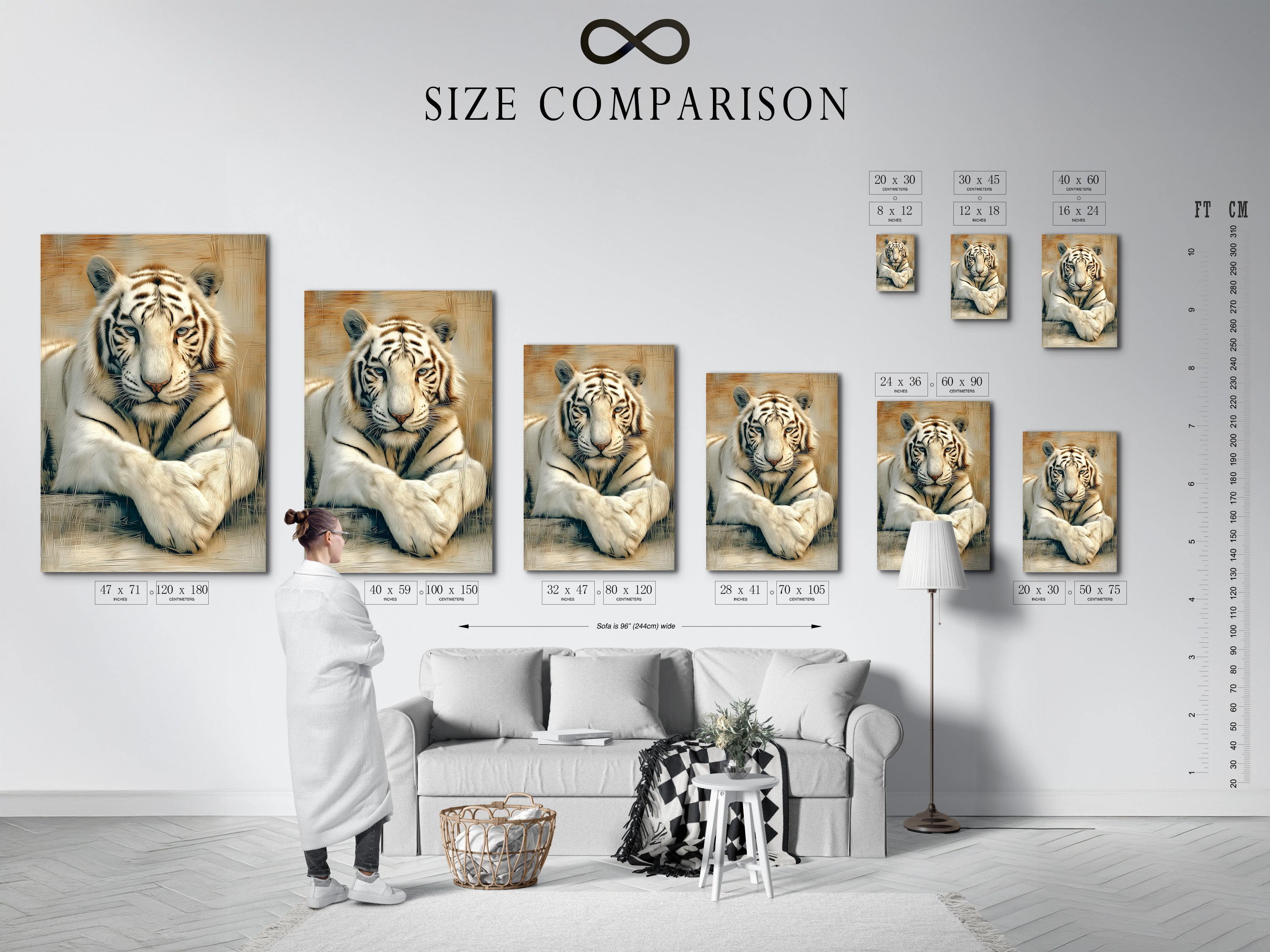 Size comparison chart in an interior setting. See how the white tiger artwork looks in different sizes. Plan your wall decor with this safari animal art. Find the perfect tiger print for your space.
