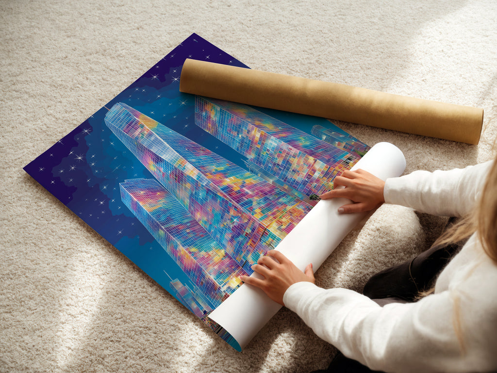 A woman carefully rolls a fine art poster paper. This cityscape art is ready for framing. The colorful abstract city skyline artwork is printed on high quality paper. Perfect for framing or displaying as a poster. Upgrade your urban wall decor today.