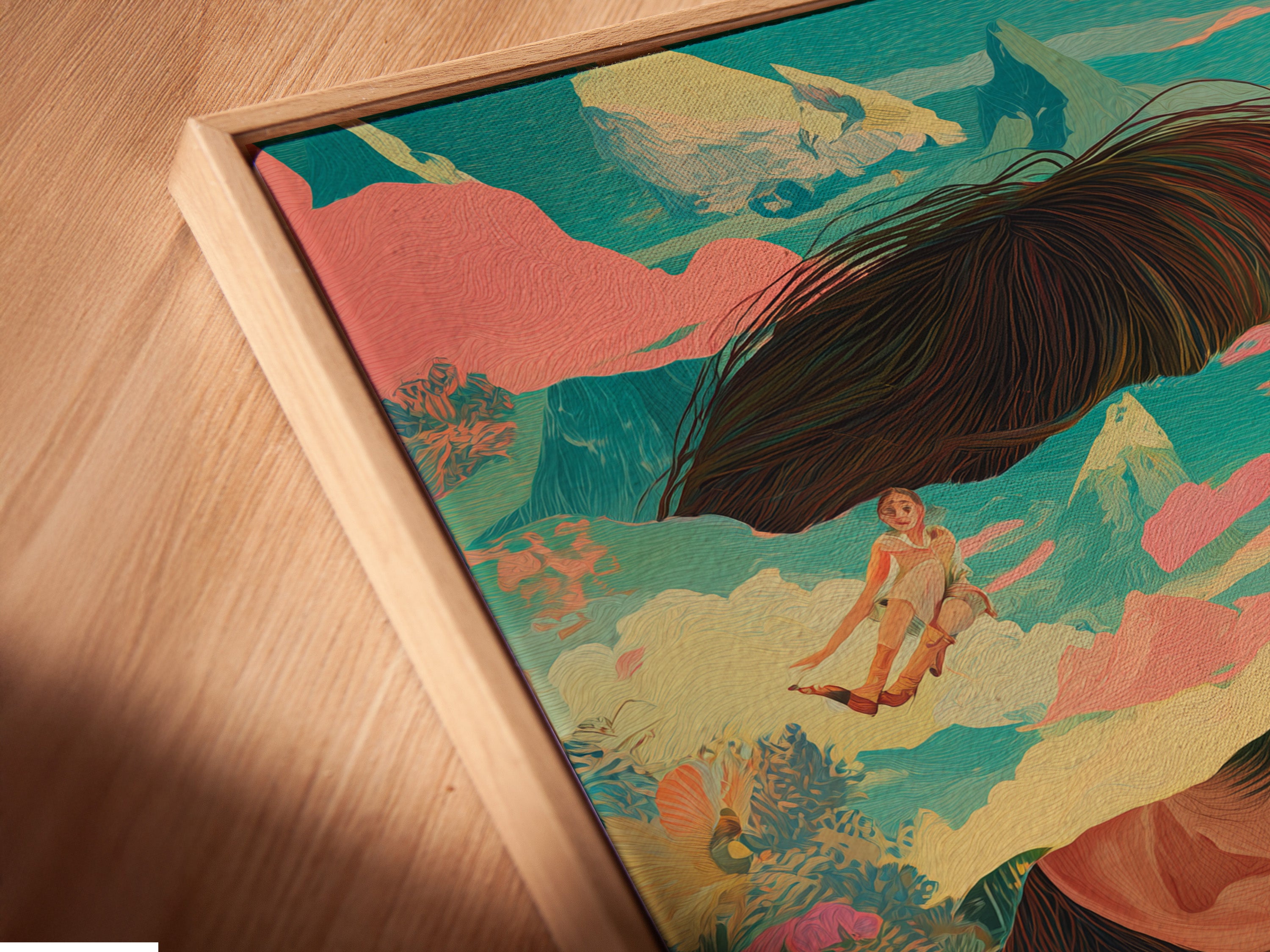 Here is a close-up of a canvas print in a floating frame. The frame enhances the artwork. The art features a woman with sunglasses in a surreal landscape. This frame style adds depth and dimension. Perfect for modern interiors.