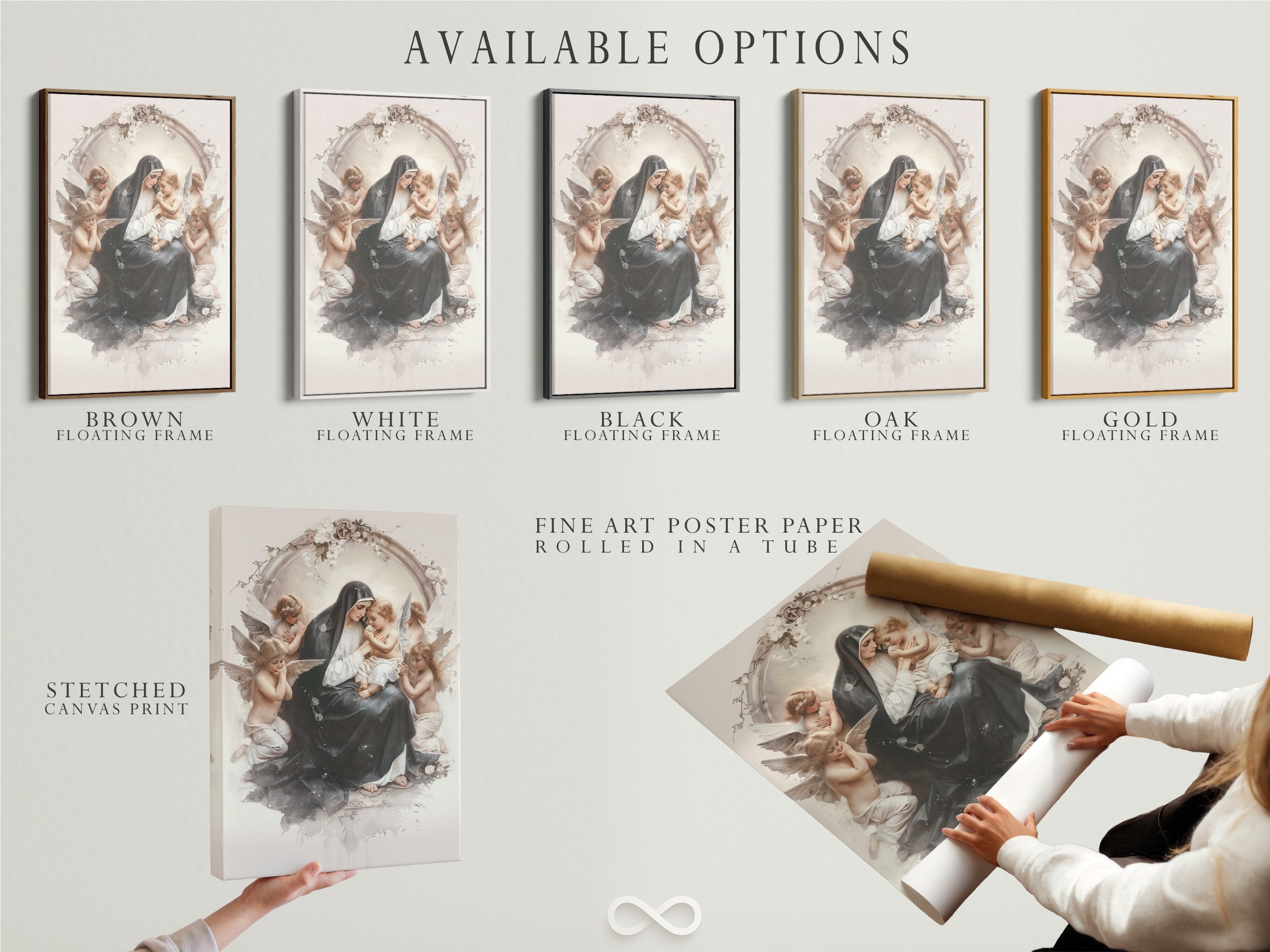 Available options are displayed. These include a stretched canvas print fine art poster paper and a floating frame. Customize your artwork to match your style. Choose the perfect option for your space. Create a unique display with our options.