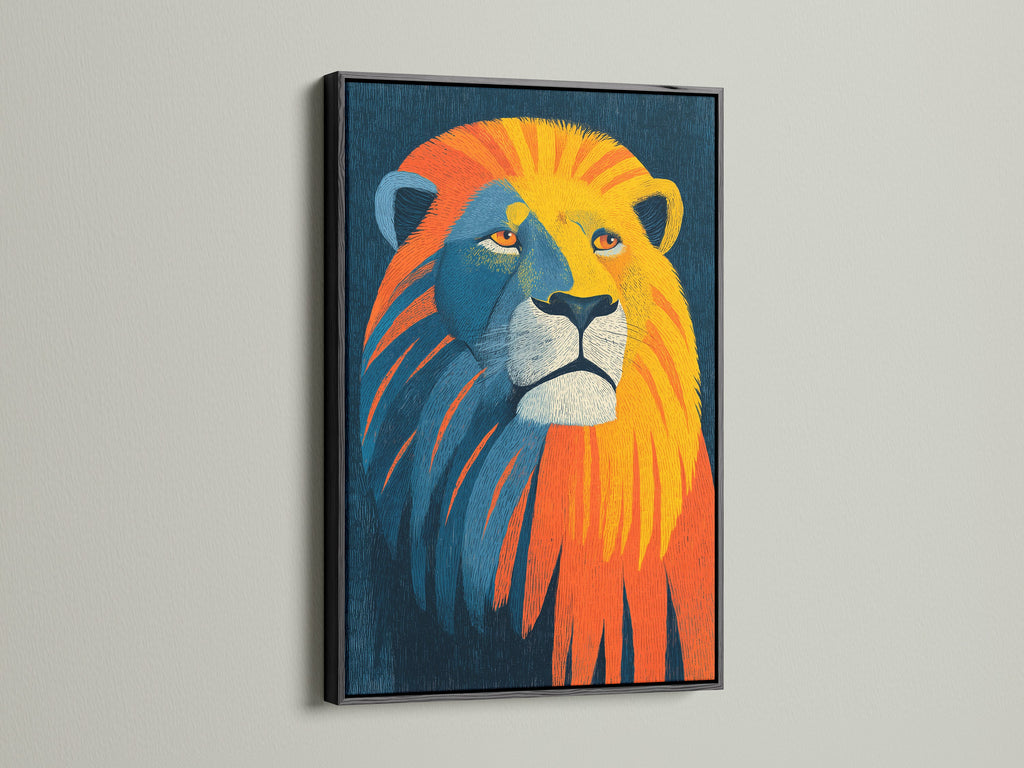 A bold lion artwork is showcased in a black frame. The black frame adds a dramatic and classic touch. This contrast emphasizes the artwork's details. It is ideal for creating a focal point in any space.
