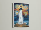 Lighthouse geometric sky artwork with a white frame. The artwork features a white lighthouse against a geometric sky. The white frame enhances the art's clean minimalist aesthetic. This nautical art is perfect for coastal home decor. It adds a serene touch to any space.