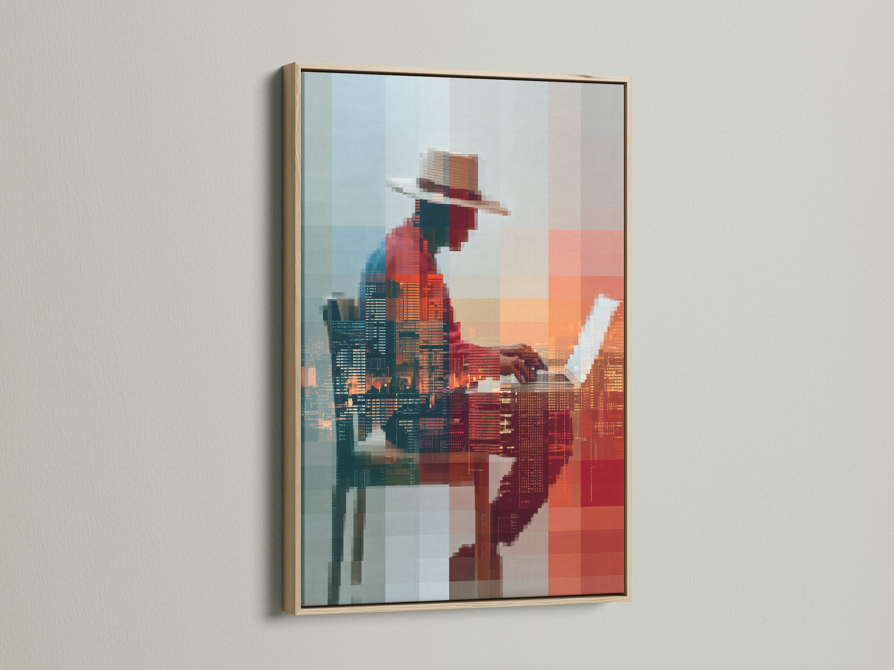 An oak frame presents an eye-catching digital art portrait. The artwork features an abstract pixelated figure. It's a contemporary glitch art perfect for wall decor. This canvas print elevates modern office spaces.