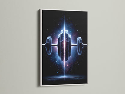 The Cosmic Dumbbell art is displayed in a white frame. This gym wall decor is perfect for fitness studio decor. The galaxy workout art is a space themed piece. Motivational art that will elevate your workout.